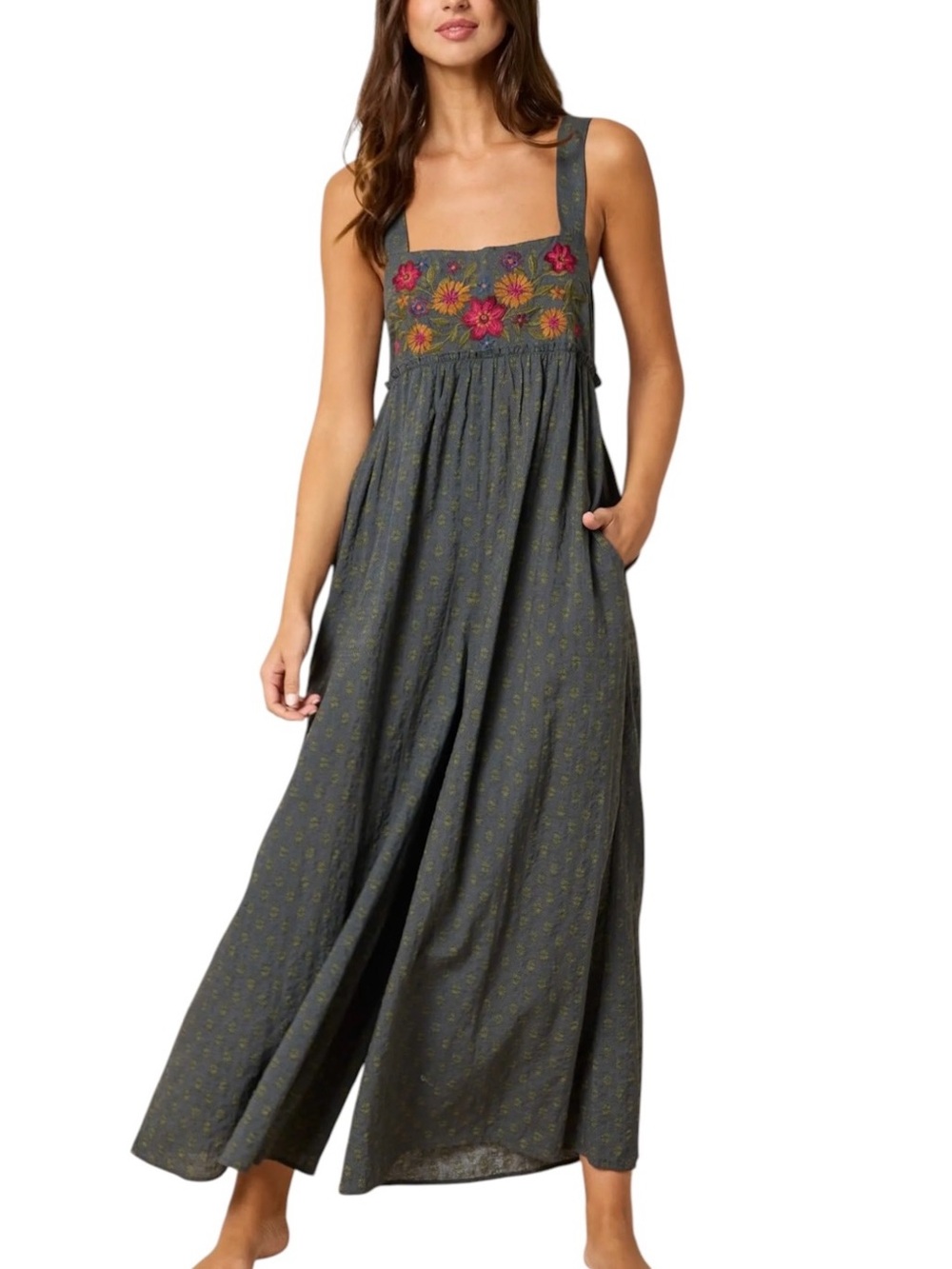 Natural Life Gabi Floral Embroidered Wide-Leg Jumpsuit Large NWT Charcoal
